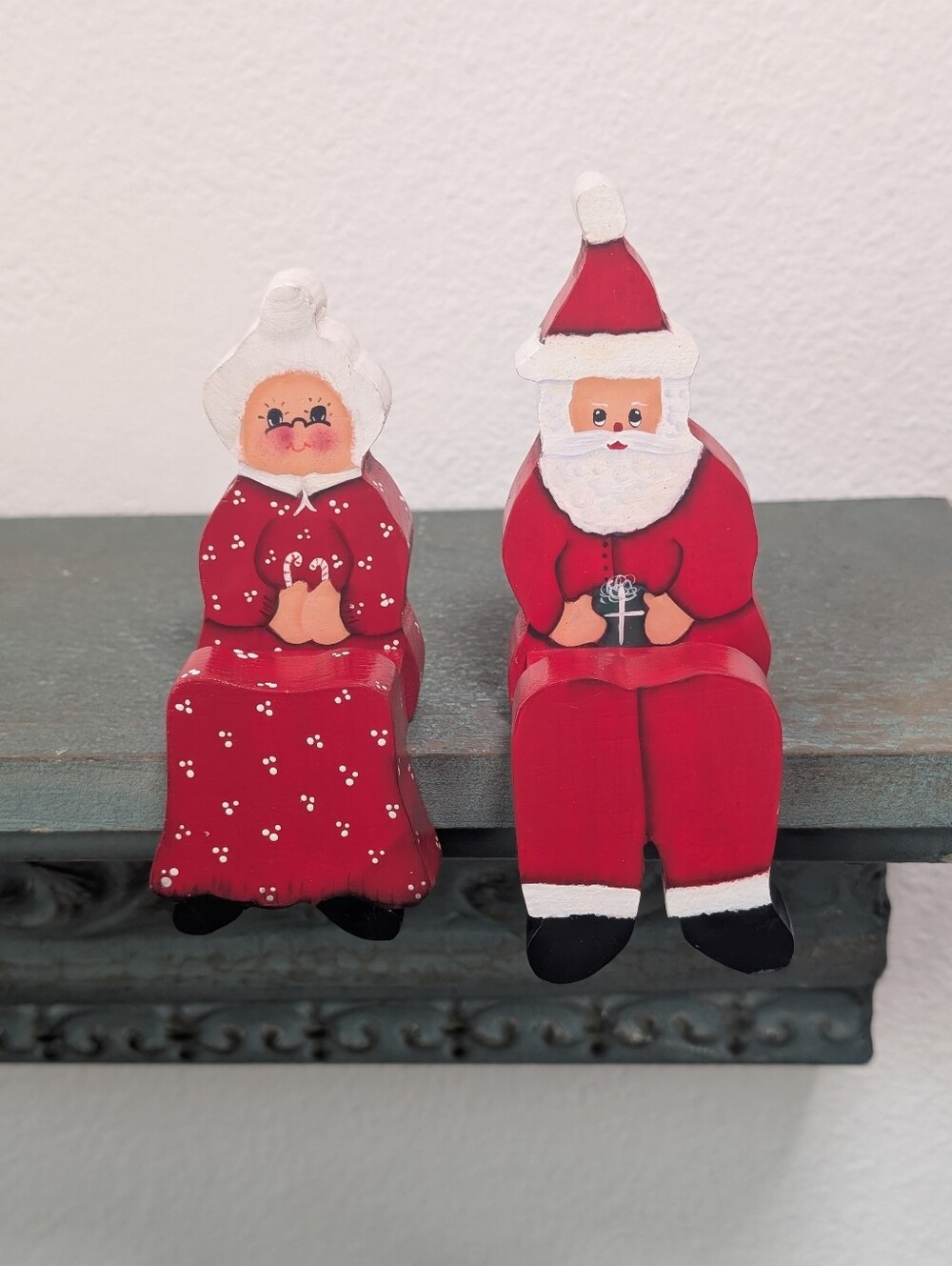 Mr & Mrs Santa Claus Shelf Sitters Mantle Hand painted Wood Christmas Decor